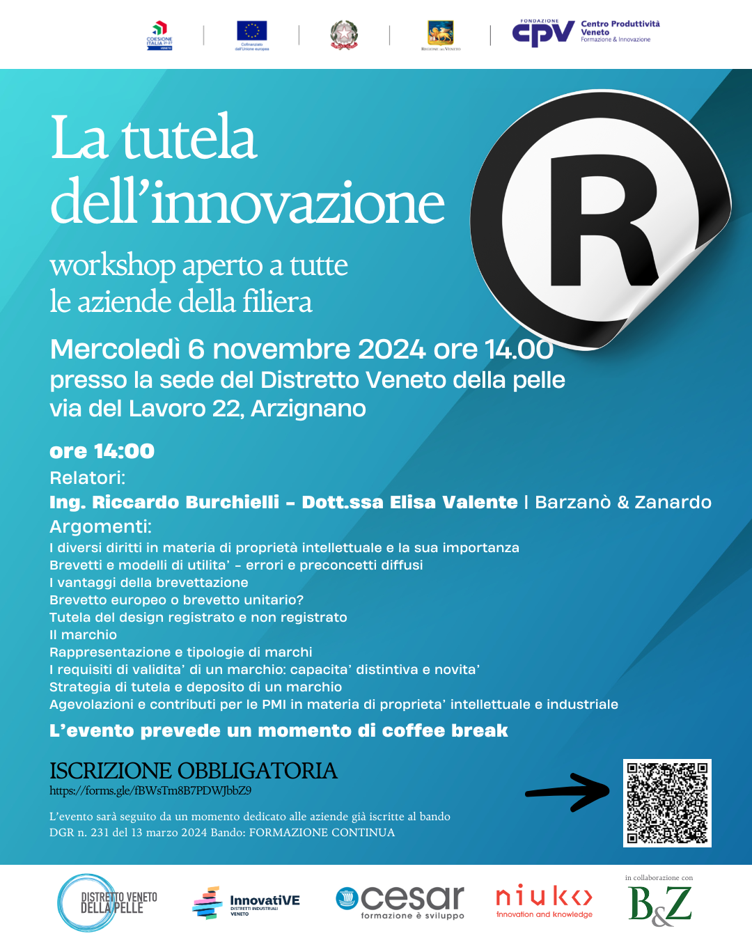 Workshop “La tutela dell’innovazione” – 6 Novembre 2024 ore 14.00 presso Distretto Veneto della Pelle