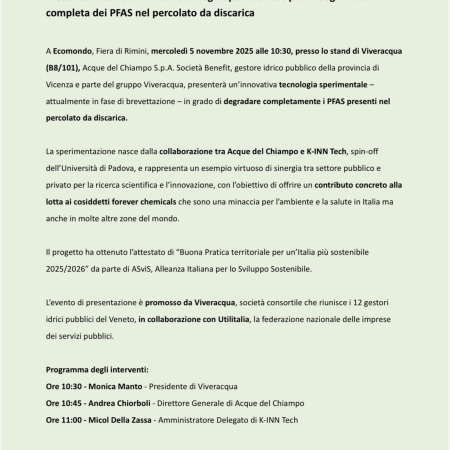 Acque del Chiampo presenta a Ecomondo la nuova tecnologia sperimentale anti Pfas