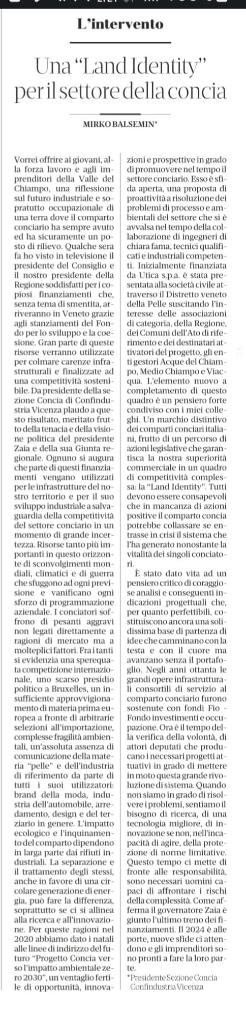 Intervista Presidente Sezione Concia Confindustria Balsemin Giornale Di Vicenza Distretto Veneto Della Pelle